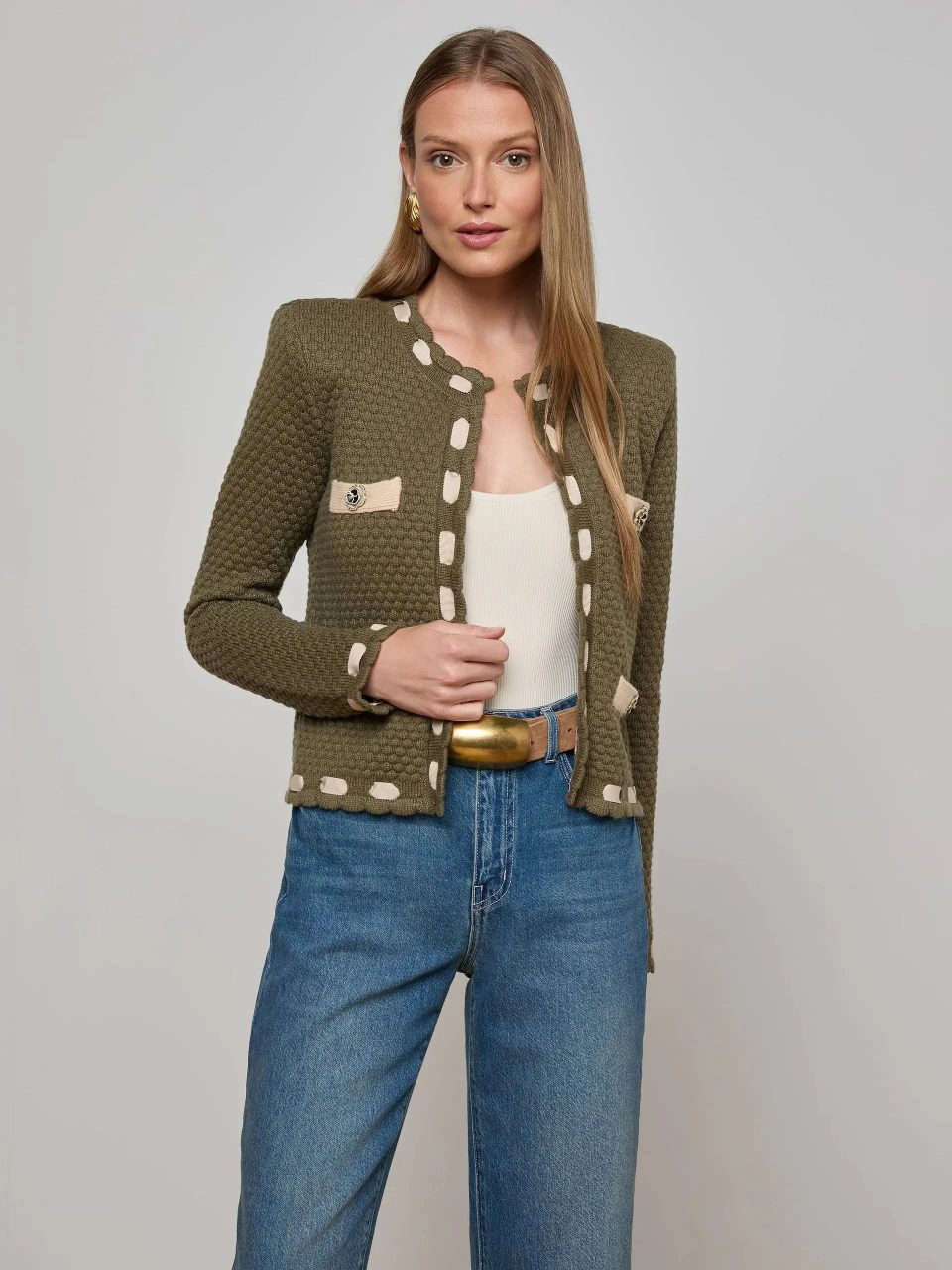 Astor Contrast Trim Cardigan Army/Biscuit