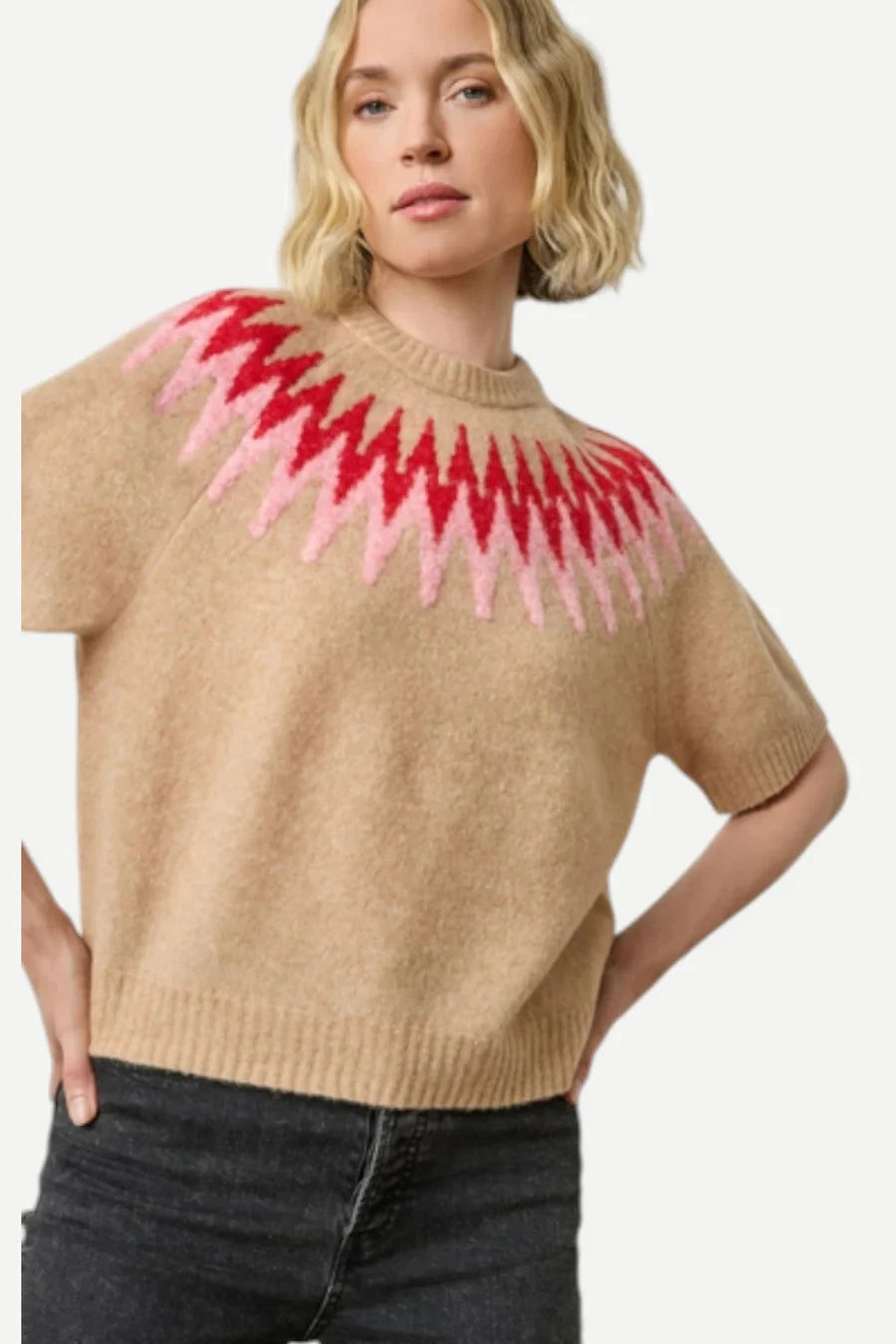 Short Sleeve Easy Fairisle Sweater Camel