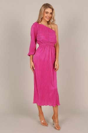 Pontee One Shoulder Pleated Midi Dress – Orchid