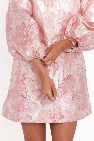 Treloar Long Sleeve Mini Dress – Pink Brocade