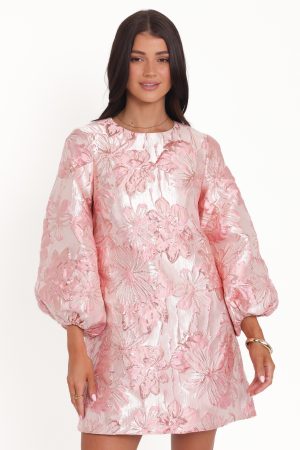 Treloar Long Sleeve Mini Dress – Pink Brocade