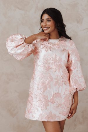 Treloar Long Sleeve Mini Dress – Pink Brocade